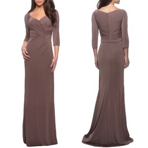 NWT La Femme 26955 Floor Length Jersey Gown in Cocoa Sz. 14
